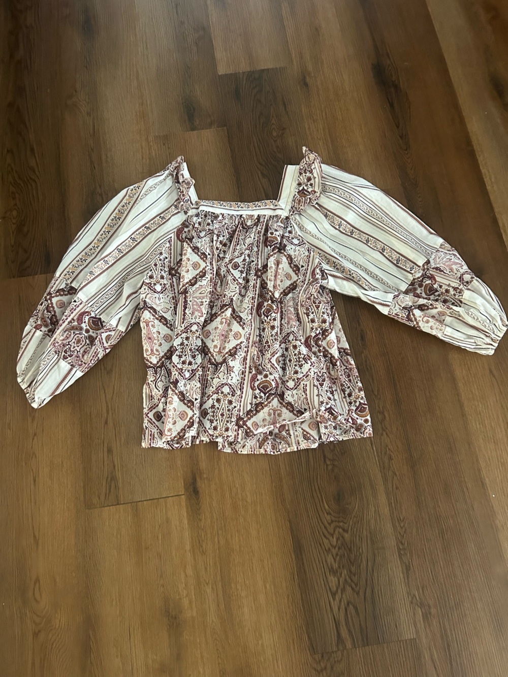 Boho Square-Neck Peasant Blouse in Cream and Rust Paisley